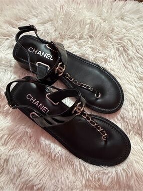 CHANEL Black Patent Leather Chain T-strap sandals
